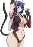 absurdres ahoge animal_ears artist_request blue_hair breasts cat_demon_girl_(shinmai_maou_no_testament_burst) cat_ears cat_tail cleavage covered_nipples elbow_gloves gloves highres horns large_breasts navel no_bra shinmai_maou_no_testament solo tail underwear yellow_eyes 