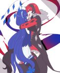  2girls arm_around_waist arms_around_neck black_hair blue_eyes blue_hair breasts creatures_(company) fangs game_freak garter_straps gen_6_pokemon horns imminent_kiss medium_breasts multicolored_hair multiple_girls nintendo personification pokemon red_hair shikkoku_neko thighhighs xerneas yuri yveltal 