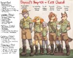  2018 amber_eyes blue_eyes canine cat clothing coyote cub dog domovoi_lazaroth english_text eyewear feline ferret fitzgerald_(camp_pines) gabriel_(camp_pines) glasses lion male mammal matthew_(camp_pines) mustelid samuel_(camp_pines) smile standing text uniform william_(camp_pines) wolf young 