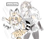  animal animal_ears aubz blonde_hair braid cape commentary extra_ears fur_trim gameplay_mechanics gloves h'aanit_(octopath_traveler) highres kemono_friends long_hair multiple_girls octopath_traveler open_mouth ponytail serval serval_(kemono_friends) serval_ears serval_print serval_tail shirt simple_background single_braid sleeveless sleeveless_shirt striped_tail tail 