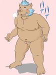  2018 anthro balls belly blush boar cum drooling gouryou humanoid_hands japanese_text magnd1990 male mammal mohawk moobs navel nipples overweight overweight_male penis pink_background porcine saliva simple_background solo text tokyo_afterschool_summoners tusks 