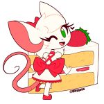 bow cake clothed clothing digital_media_(artwork) eyelashes female food fruit fur green_eyes hair mammal mouse one_eye_closed open_mouth pink_tail reggie_(whygena) rodent simple_background solo strawberry tongue white_background white_fur white_hair whygena wink 