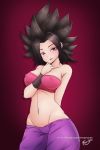  1girl bare_arms bare_shoulders between_breasts big_hair black_hair breasts brown_eyes cameltoe caulifla dragon_ball dragon_ball_super erect_nipples_under_clothes forehead frenxir gradient gradient_background large_breasts lowleg lowleg_pants midriff navel pants patreon_username red_background smile solo spiked_hair strapless tubetop wristband 