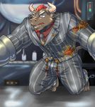  black_fur bound bovine bulge clothing fur gyumao hair horn kneeling male mammal necktie red_hair suit tokyo_afterschool_summoners weedwolfeatmeat 