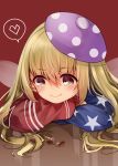  absurdres acorn adapted_costume american_flag_jacket bangs beret blonde_hair blue_jacket blush casual clownpiece commentary_request contemporary elbow_rest eyebrows_visible_through_hair fairy_wings hair_between_eyes hat head_rest heart highres jacket long_hair long_sleeves mimoto_(aszxdfcv) polka_dot polka_dot_hat puffy_sleeves purple_hat red_background red_jacket simple_background smile solo spoken_heart star star_print striped_jacket touhou wings yellow_eyes 