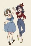  adapted_costume bob_cut bracelet breasts cleavage denim dress earrings gyosone headband height_difference high_five jeans jewelry kill_la_kill mankanshoku_mako matoi_ryuuko multicolored_hair pants rockabilly sailor_dress senketsu streaked_hair vintage_clothing 