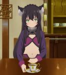  animal_ears black_hair cat_ears cup green_eyes highres indoors isekai_maou_to_shoukan_shoujo_dorei_majutsu long_hair rem_galeu screencap stitched teacup third-party_edit 