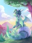  claws cloud cuddlehooves diaper dragon feral grass horn male mountain sitting sky smile solo tree wings 