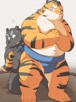  2014 anthro ayame42612 bear belly black_fur blush duo feline fur humanoid_hands male mammal moobs navel overweight overweight_male tiger 
