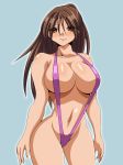  00s 1girl ass_visible_through_thighs bikini blue_background blush breasts brown_eyes brown_hair cleavage eyes_visible_through_hair gluteal_fold ichigo_100_percent inabakun00 kitaooji_satsuki large_breasts long_hair looking_at_viewer matching_hair/eyes navel simple_background slingshot_swimsuit smile solo standing swimsuit 