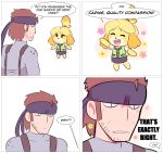  1girl 4koma absurdres animal_ears blonde_hair blush_stickers bodysuit closed_eyes comic commentary dog dog_ears dog_tail doubutsu_no_mori english flower happy headband highres metal_gear_(series) metal_gear_solid shizue_(doubutsu_no_mori) simple_background skirt smile solid_snake speech_bubble super_smash_bros. super_smash_bros._ultimate tail theycallhimcake topknot white_background 