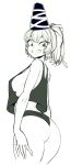  arms_at_sides ass bare_arms boyshorts breasts commentary_request cowboy_shot eyebrows_visible_through_hair from_side grin hat highres large_breasts looking_back midriff monochrome mononobe_no_futo ponytail short_hair short_shorts shorts sideboob simple_background sketch smile solo space_jin tank_top tate_eboshi teeth thighs touhou white_background 