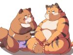  2010 anthro ayame42612 belly blush brown_fur bulge canine clothing duo eyes_closed feline fundoshi fur humanoid_hands japanese_clothing male mammal moobs navel nipples overweight overweight_male simple_background tanuki tiger underwear white_background yellow_fur 