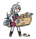  ahoge boots bow bowtie box cardboard_box cardboard_box_gundam cosplay cross-laced_footwear grey_hair grey_legwear hair_bun halterneck kantai_collection kiyoshimo_(kantai_collection) lace-up_boots long_hair low_twintails lowres milk_carton nelson_(kantai_collection) nelson_(kantai_collection)_(cosplay) pantyhose school_uniform scissors shirt simple_background solid_oval_eyes solo standing tape terrajin twintails very_long_hair white_background white_shirt 