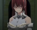  alicia_crystella bangs bare_shoulders body_armor breasts brown_hair closed_mouth evil_smile glasses grin isekai_maou_to_shoukan_shoujo_dorei_majutsu large_breasts long_hair red_eyes red_hair screencap silver_trim smile solo stitched third-party_edit upper_body 