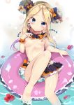  :q abigail_williams_(fate/grand_order) bangs bare_arms bare_legs bare_shoulders barefoot bikini bikini_lift black_bikini black_bow blonde_hair blue_eyes blush bow breasts closed_mouth collarbone commentary_request double_bun emerald_float eyebrows_visible_through_hair fate/grand_order fate_(series) flower forehead hair_bow head_tilt innertube lifted_by_self long_hair looking_at_viewer maruchan. nipples orange_bow parted_bangs petals petals_on_liquid pink_innertube polka_dot polka_dot_bow red_flower side_bun small_breasts smile solo swimsuit tongue tongue_out water 