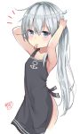  adjusting_hair apron arms_up bangs bare_arms bare_shoulders black_apron blue_eyes blush bunching_hair closed_mouth eyebrows_visible_through_hair hair_between_eyes hair_tie hair_tie_in_mouth hibiki_(kantai_collection) highres kantai_collection long_hair mouth_hold naked_apron noeru_(gt17854) notice_lines ponytail sidelocks signature silver_hair solo very_long_hair 