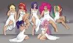  6+girls 7girls applejack bare_arms barefoot blonde_hair blue_eyes blue_hair breasts cleavage collarbone cowboy_hat dress fluttershy glasses green_eyes green_hair hat kneeling long_hair looking_at_viewer medium_breasts multicolored_hair multiple_girls my_little_pony my_little_pony_friendship_is_magic orange_hair pink_hair pinkie_pie plump ponut_joe purple_eyes purple_hair rainbow_dash rarity red_eyes red_hair simple_background sitting small_breasts sundress sunset_shimmer tied_hair twilight_sparkle 