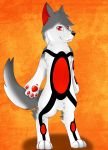  alma_(almax3) black_fur canine dog fur hotaru husky male mammal orange_background red_eyes red_fur simple_background white_fur 