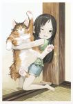  barefoot bayashiko brown_eyes brown_hair cat cat_focus child green_shirt height_mark highres holding holding_cat kneeling long_hair looking_at_viewer one_eye_closed original scratches shirt short_sleeves shorts solo 