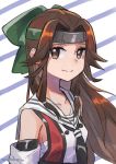  artist_name black_neckwear brown_eyes brown_hair elbow_gloves forehead_protector gloves hachimaki hair_intakes half_updo headband jintsuu_(kantai_collection) kantai_collection long_hair looking_at_viewer mogamiya_honu neckerchief remodel_(kantai_collection) sailor_collar school_uniform serafuku smile solo upper_body white_sailor_collar 