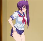  1girl ameno_sagiri_(yuragisou_no_yuuna-san) breasts closed_mouth female green_eyes large_breasts long_hair panties purple_hair school_uniform screencap serafuku serious side_ponytail solo stitched third-party_edit underwear undressing yuragisou_no_yuuna-san 