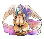  1girl bent_over bikini blue_hair breasts curvy feathered_wings gradient_hair horn huge_breasts long_hair maniacpaint multicolored_hair my_little_pony my_little_pony_friendship_is_magic pink_eyes princess_celestia purple_hair simple_background sketch solo swimsuit thighhighs tiara tongue tongue_out white_background wide_hips wings 