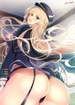  ascot ashermes ass azur_lane bangs black_legwear black_panties blonde_hair blue_eyes blush braid breasts commentary_request day eyebrows_visible_through_hair floating_hair from_behind garter_belt garter_straps gloves hat head_tilt horns indoors jacket kongou_(azur_lane) large_breasts long_hair looking_at_viewer looking_back military open_mouth panties shiny shiny_skin sidelocks signature solo underwear uniform white_gloves 