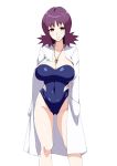  1girl ass_visible_through_thighs between_breasts breasts covered_navel creatures_(company) game_freak groin jewelry labcoat large_breasts looking_at_viewer necklace nintendo open_clothes pokemon pokemon_(anime) purple_hair smile solo swimsuit tawashi1623 uchikido_(pokemon) 