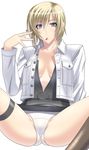  alternate_color aya_brea blonde_hair blue_eyes kansuke mouth_hold open_clothes open_shirt panties parasite_eve parasite_eve_ii shirt short_hair solo spread_legs thigh_strap underwear unzipped white_panties 