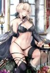  1girl artoria_pendragon_(all) artoria_pendragon_alter_(fate/grand_order) bangs black_bra black_footwear black_jacket black_legwear black_panties black_ribbon blonde_hair blush boots bra braid breasts cleavage crown_braid epaulettes eyebrows_visible_through_hair fate/grand_order fate_(series) fork groin hair_ribbon half-closed_eyes heels highres holding holding_fork jacket jacket_on_shoulders leg_garter light lingerie looking_at_viewer medium_breasts mirror misako misako12003 mouth_hold navel panties reflection ribbon saber saber_alter single_thighhigh sitting skindentation smile solo stomach suggestive_fluid thigh_strap thighhighs thighs tiara tsurime underwear underwear_only wet yellow_eyes 