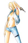  armband armpits asymmetrical_clothes aya_brea bad_id bad_pixiv_id blonde_hair cross cutoffs denim error furubokko groin gun hand_on_thigh handgun highres jeans jewelry left-handed leg_belt necklace no_bra open_clothes open_shirt pants parasite_eve pistol profile shirt simple_background single_pantsleg solo thigh_strap torn_clothes torn_jeans torn_pants unbuttoned vest weapon 