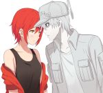  1girl ae-3803 black_shirt blush clothes_down collarbone couple grey_hat grey_jacket hataraku_saibou hetero highres jacket kenkaizar open_clothes open_jacket open_mouth parted_lips red_blood_cell_(hataraku_saibou) red_hair red_jacket shirt short_hair silver_hair simple_background sleeveless sleeveless_shirt u-1146 upper_body white_background white_blood_cell_(hataraku_saibou) white_shirt white_skin yellow_eyes 