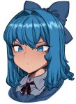  blue_eyes blue_hair bow cirno close-up face hair_bow hair_intakes neck_ribbon ribbon shirt short_hair simple_background solo space_jin touhou white_background 