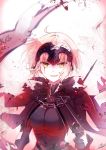  armor armored_dress banner black_cape black_dress blood blood_on_face blood_splatter breasts cape chain dress emo_(ricemo) eyebrows_visible_through_hair fate/grand_order fate_(series) floating_hair fur_trim grin hair_between_eyes holding holding_sword holding_weapon jeanne_d'arc_(alter)_(fate) jeanne_d'arc_(fate)_(all) large_breasts looking_at_viewer petals short_hair signature silver_hair smile solo sword upper_body weapon white_background yellow_eyes 