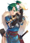  bangs belt blue_dress breastplate breasts brown_gloves closed_mouth cross-laced_clothes dress elbow_gloves feathers fingerless_gloves fire_emblem fire_emblem:_rekka_no_ken fire_emblem_heroes gloves gold_trim green_eyes green_hair hair_feathers hair_ornament high_ponytail hips ichikei kanzashi long_hair lyndis_(fire_emblem) pelvic_curtain ponytail quiver rope sash sheath side_slit silver_trim simple_background single_pauldron solo standing sword weapon white_background 