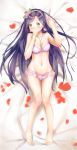  alternate_eye_color arms_up ass_visible_through_thighs bangs bare_arms bare_legs bare_shoulders barefoot bed_sheet between_breasts blush bow bow_bra bow_panties bra braid breasts cleavage collarbone commentary_request covering_mouth dakimakura earrings eyebrows_visible_through_hair flower flower_earrings frilled_panties frills full_body green_eyes groin hair_flower hair_ornament hairband highres jewelry kanakura_yui kyon_(kyouhei-takebayashi) lingerie long_hair looking_at_viewer lying medium_breasts navel necklace nisekoi nose_blush on_back on_bed panties petals pink_bow pink_flower pink_hairband pink_panties pink_rose purple_bra purple_hair rose solo twin_braids underwear underwear_only very_long_hair 