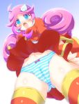  ahoge ass_visible_through_thighs blue_eyes bow bow_panties cameltoe curly_hair earrings eyebrows_visible_through_hair from_below gradient gradient_background groin hair_ornament highres horizontal_stripes jewelry long_hair long_sleeves miniskirt navel neckerchief no_pupils open_mouth orange_skirt panties pink_hair pink_neckwear puyopuyo raffine_(puyopuyo) skirt solo striped striped_legwear striped_panties thighhighs underwear wind wind_lift yakisoba_(kaz2113) 
