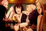  alcohol arm_up arms_up bangs bare_shoulders beer beer_mug birthday birthday_party black_eyes black_hair black_kimono blonde_hair blush boruto:_naruto_next_generations breasts cake cherry closed_eyes commentary_request confetti couch cup dated drinking_glass drunk earrings english facial_mark fishnets folded_ponytail food forehead_mark fruit grey_kimono happy_birthday haruno_sakura high_ponytail highres holding holding_cup indoors japanese_clothes jewelry kimono lipstick long_hair makeup may_c medium_breasts mitarashi_anko mug multiple_girls naruto_(series) ninja one_eye_closed open_mouth parted_bangs party_popper pink_hair profile purple_hair raised_eyebrows red_lips shizune_(naruto) short_hair signature smile strawberry teeth tsunade upper_body upper_teeth yamanaka_ino yuuhi_kurenai 