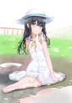  absurdres adagaki_aki bad_feet barefoot black_hair blue_eyes blue_ribbon blush breasts button_gap day dirty dirty_clothes dirty_face dirty_feet dress eyebrows_visible_through_hair hair_between_eyes hat hat_ribbon highres long_hair looking_at_viewer masamune-kun_no_revenge md5_mismatch outdoors puddle ribbon sitting small_breasts sun_hat sunhyun tears white_dress white_hat white_sky yellow_ribbon 