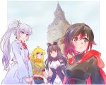  4girls big_ben black_hair blake_belladonna blonde_hair bow cape england iesupa london multiple_girls ruby_rose rwby silver_eyes wavy_hair weiss_schnee white_hair yang_xiao_long 