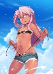  ass_visible_through_thighs bikini bikini_under_clothes black_bikini black_choker blue_sky blush breasts chloe_von_einzbern choker commentary_request covered_nipples dark_skin day denim denim_shorts fate/kaleid_liner_prisma_illya fate_(series) front-tie_bikini front-tie_top heart heart_choker highres long_hair looking_at_viewer navel one_side_up orange_eyes outdoors pink_hair shiny shiny_hair shiny_skin shorts side-tie_bikini side_ponytail sky small_breasts solo stomach_tattoo strapless strapless_bikini swimsuit tasaka_shinnosuke tattoo untied_bikini_bottom wet 