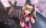  ;d alternate_costume animal_ears back bell black_cat_d.va black_dress black_gloves blonde_hair breasts cat_ears cleavage commentary_request crossed_legs d.va_(overwatch) dress earrings fake_animal_ears finger_gun gloves gun hand_rest heart heart_earrings high_heels highres horiishi_horuto jewelry jingle_bell legs_up long_hair looking_at_viewer lying medium_breasts meka_(overwatch) on_stomach one_eye_closed open_mouth overwatch pantyhose pointing pointing_at_viewer purple_legwear revision smile solo twintails weapon 