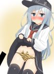  animal_band_panties animal_print ass_visible_through_thighs black_legwear blue_eyes blush cameltoe commentary_request embarrassed eyebrows_visible_through_hair flat_cap hair_between_eyes hat hibiki_(kantai_collection) kantai_collection lifted_by_self long_hair long_sleeves navel neckerchief panties pleated_skirt red_neckwear school_uniform serafuku shiruhino silver_hair skirt skirt_lift thighhighs underwear 