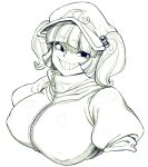  bangs blunt_bangs breasts covered_nipples eyebrows_visible_through_hair greyscale grin hair_bobbles hair_ornament hat kawashiro_nitori large_breasts looking_at_viewer monochrome no_pupils short_hair simple_background smile solo space_jin touhou twintails upper_body white_background zipper 