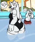  2018 anthro bear breasts butt clothed clothing embarrassed female mammal mature_female mother parent polar_bear pool_(disambiguation) smile son swimsuit text tree trout_(artist) water 