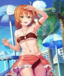  :d ahoge arm_up armlet armpits bikini blue_sky blush breasts brown_bikini cleavage cloud cola cowboy_shot day fate/grand_order fate_(series) frilled_bikini frills from_below fujimaru_ritsuka_(female) halterneck lens_flare looking_at_viewer open_mouth orange_hair outdoors palm_tree parasol sarong short_hair side_ponytail sideboob sky smile solo standing swimsuit tree umbrella underboob wgdnmbdflrykqoq yellow_eyes 