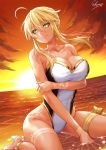  accessory_tan ahoge artoria_pendragon_(all) artoria_pendragon_(lancer) bangs bare_shoulders beach bikini_tan braid breasts cleavage closed_mouth commentary_request covered_navel eyelashes fate/grand_order fate_(series) french_braid green_eyes hair_between_eyes high_heels highres hips horizon large_breasts long_hair looking_at_viewer ocean one-piece_swimsuit sakiyamama sandals sidelocks sitting smile solo sunlight swept_bangs swimsuit tan tanline thigh_strap thighs two-tone_swimsuit wariza white_swimsuit 