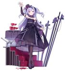  ajax_(azur_lane) alcohol alternate_costume arm_up azur_lane bangs bare_shoulders black_bow black_dress black_footwear black_hat blush bow breasts bridal_gauntlets brown_legwear cannon crossed_legs cup dress dress_lift drinking_glass eyebrows_visible_through_hair floating_hair flower full_body hair_bow hat hat_flower head_tilt high_heels holding holding_cup kaede_(003591163) lifted_by_self long_hair long_sleeves mini_hat mini_top_hat official_art one_eye_closed pantyhose parted_lips pouring purple_eyes purple_flower purple_hair purple_rose rose see-through shoes small_breasts smile smirk stairs standing strapless strapless_dress striped table tilted_headwear top_hat transparent_background tsurime turret two_side_up vertical-striped_hat vertical_stripes very_long_hair watson_cross wine wine_glass 