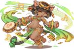  animal_ears anklet armlet bastet_(fullbokko_heroes) beamed_sixteenth_notes bikini_top black_hair cat_ears cat_tail drum earrings eighth_note full_body fullbokko_heroes fur furry holding instrument jewelry loincloth musical_note navel original paw_print pelvic_curtain shigatake short_hair solo sweat tail thigh_strap transparent_background wide_hips yellow_eyes 